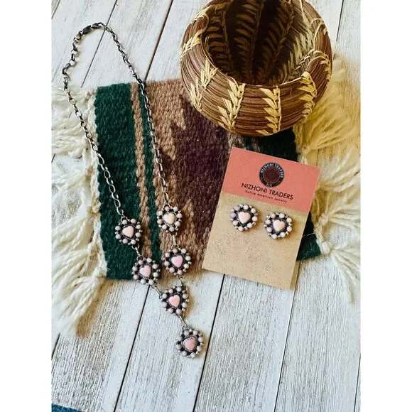 Navajo Queen Pink Conch & Sterling Silver Heart Necklace Set